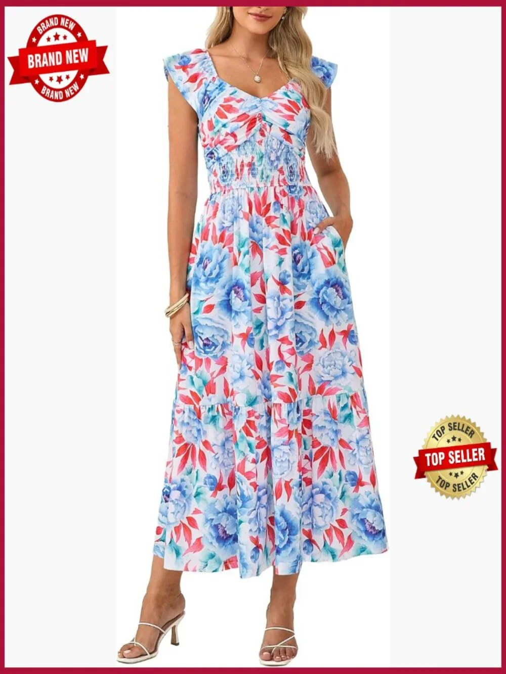 Flowy Floral Maxi Dress with Pockets Smocked Ruffle Sleeve Wedding Guest